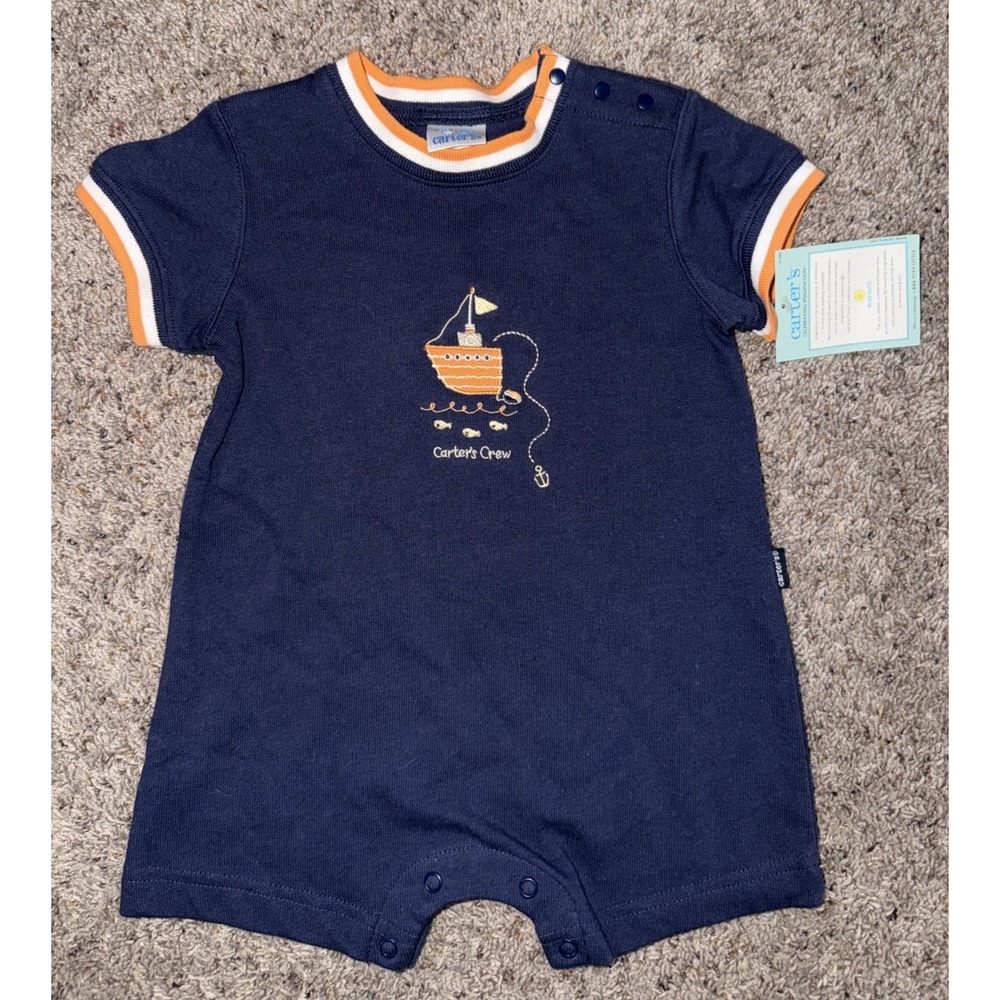 Vintage Carter's Crew Blue Fishing Outfit Romper Jumpsuit Baby Boy 9-12 M New